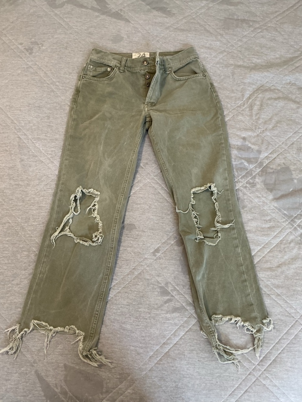 We The Free Olive Green Distressed Straight-Leg Jeans